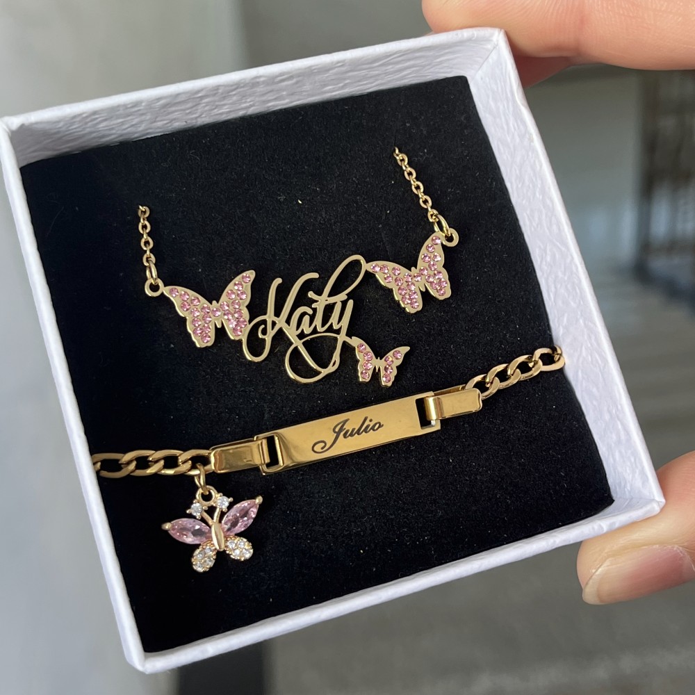 Engraved Name Necklace - DUOYING Set di farfalle rosa personalizzate